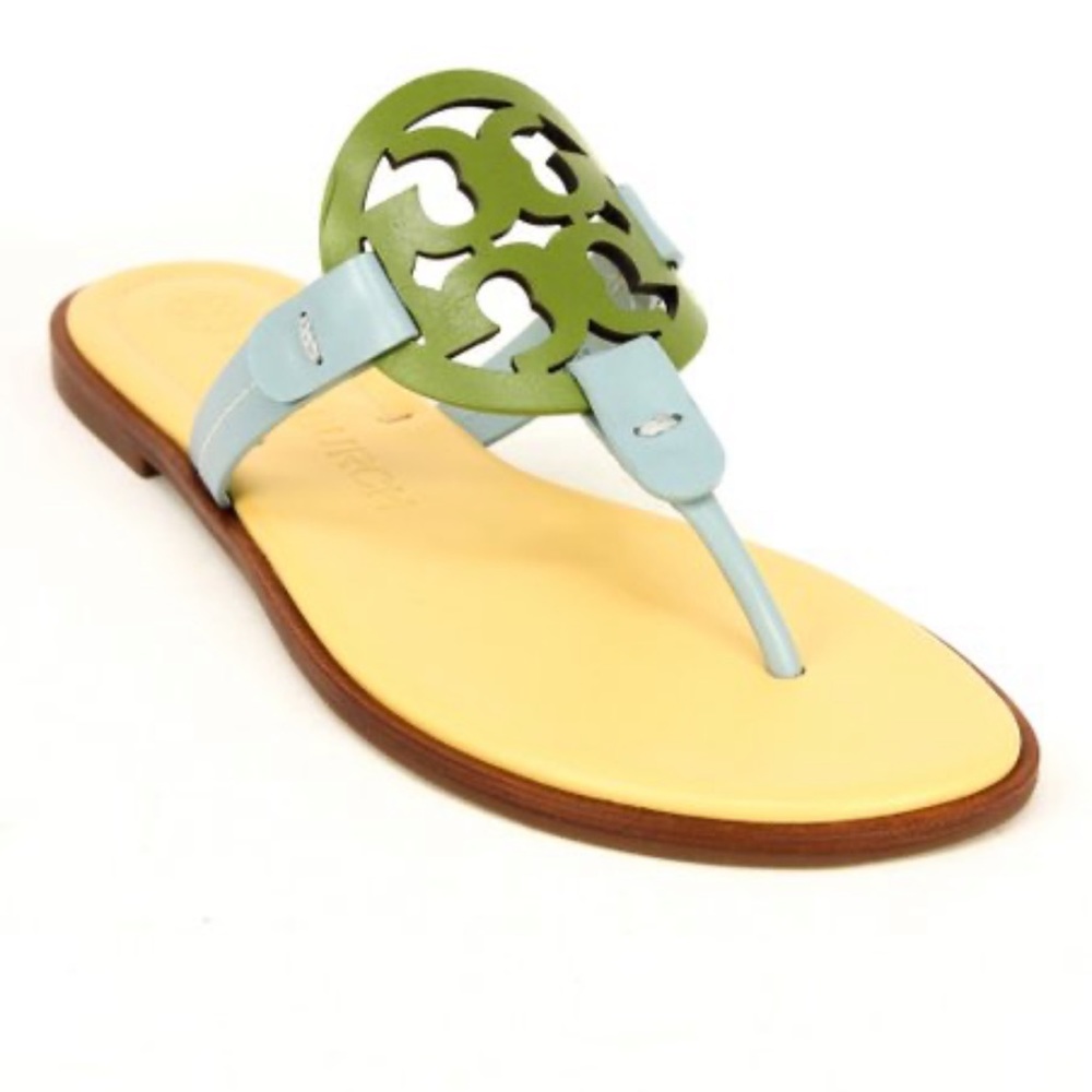 Tory Burch Light Blue and Green Leather Logo Thong Sandals - Picture 2 of 3